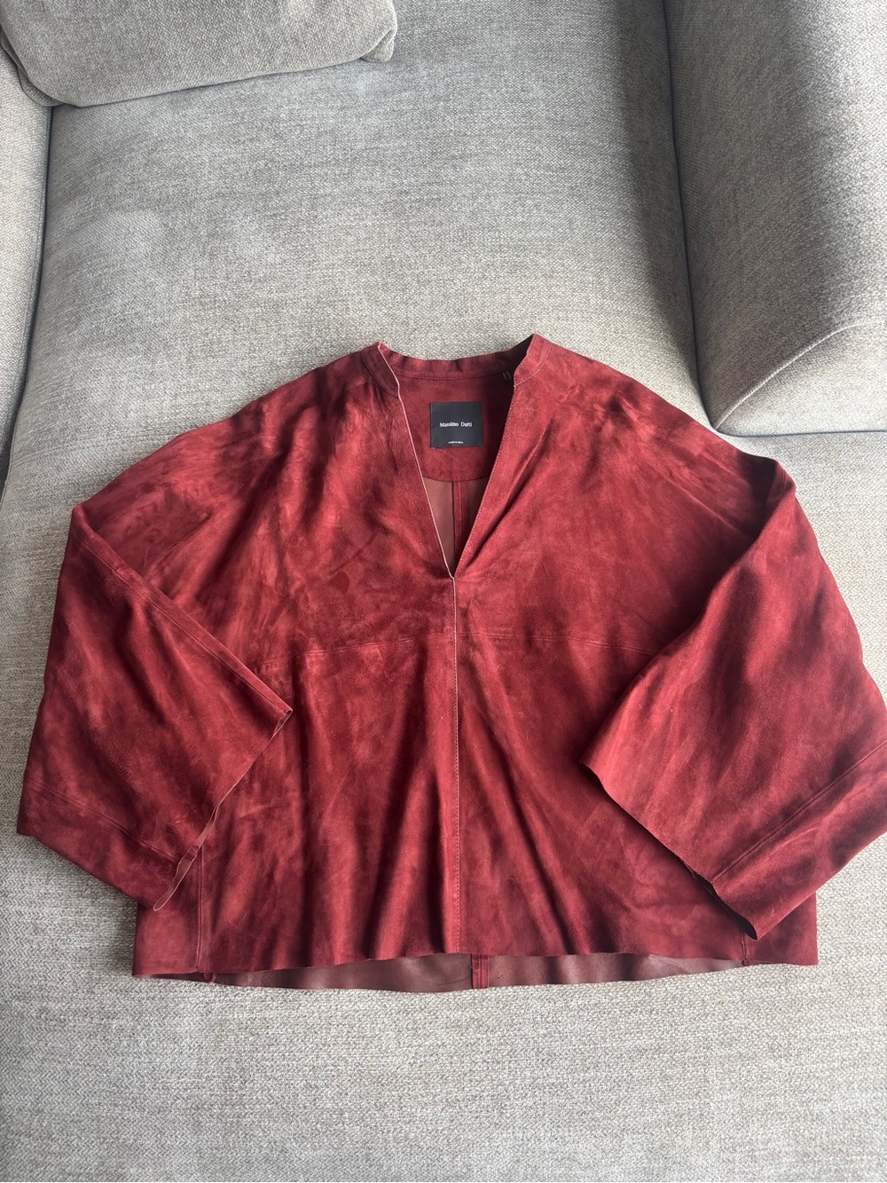 Massimo Dutti Women's Wine Red V-Neck Suede Blouse